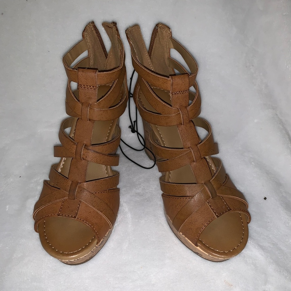 A.N.A. NWOT Strappy Tan Wedges, Cork Heel